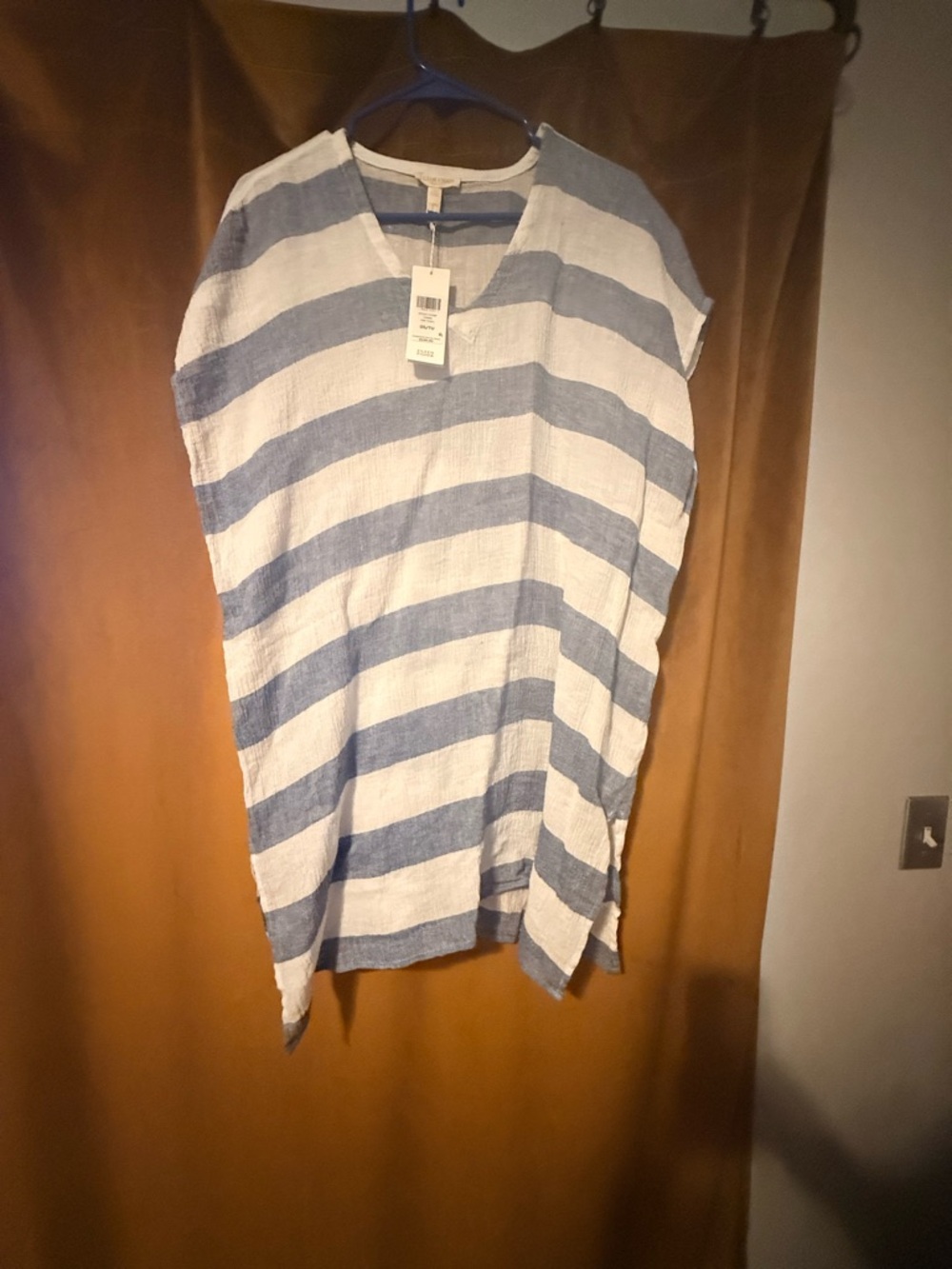 Eileen Fisher Blue and White Striped V-Neck Tunic Dress - Picture 7 of 11